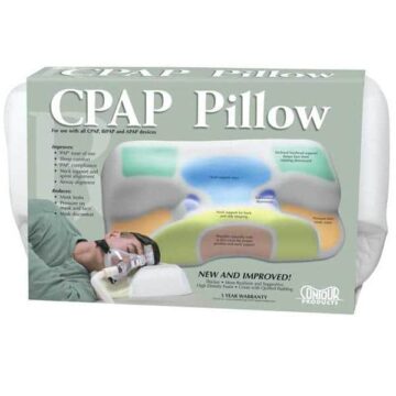 CPAP Pillow box showing a person using a CPAP mask with highlighted pillow features and text description.