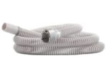 Coiled gray CPAP hose with plastic connectors on both ends, placed on a white background.