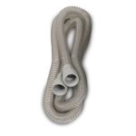 A coiled grey corrugated breathing hose with two open ends, used for medical or respiratory devices.