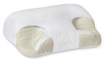 A white ergonomic pillow with contoured sides and quilted beige sections for added neck and head support.