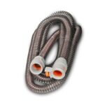 Coiled gray corrugated hose with white and orange connectors on both ends.