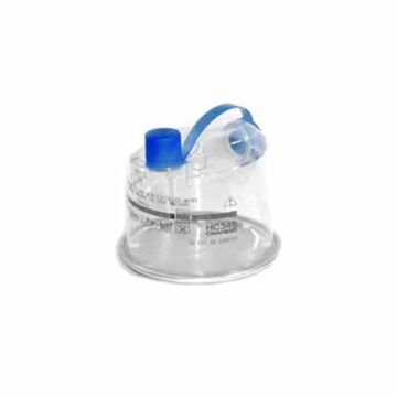 Clear medical breathing mask with a blue strap and connector, designed for respiratory support.