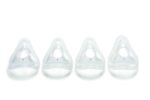 Four clear, triangular plastic medical masks labeled P, S, M, and L, arranged in a row on a white background.