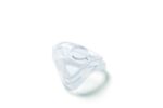 Transparent plastic breathing mask on a white background, viewed from above.