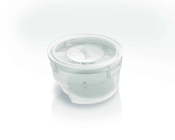 A clear plastic container with a white twist-lock lid on a white background.