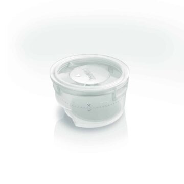 A clear plastic container with a white twist-lock lid on a white background.