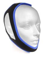A mannequin wearing a blue and black Morpheus Deluxe Chinstrap accessory for CPAP users.