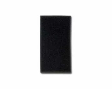 A small black rectangular sponge on a plain white background.