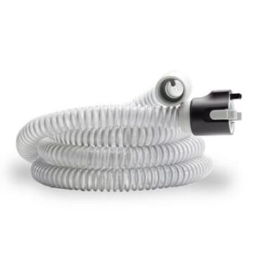 White flexible CPAP hose with black and gray connectors, coiled on a white background.
