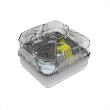 Clear plastic water chamber with a yellow latch, designed for a medical device such as a CPAP machine.