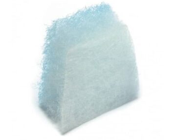 A blue and white rectangular air filter standing upright on a white background.