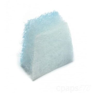 A blue and white rectangular air filter standing upright on a white background.