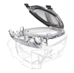 Clear plastic container with a hinged lid and compartments, shown open.