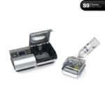 CPAP machine with open water chamber and a water bottle positioned to fill the chamber; S9 Series logo in corner.