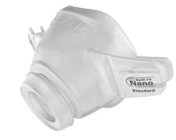 Clear Swift FX Nano Standard nasal cushion for a CPAP mask, viewed from an angle on a white background.