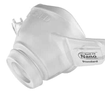 Clear Swift FX Nano Standard nasal cushion for a CPAP mask, viewed from an angle on a white background.