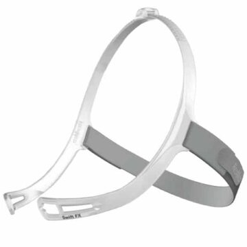 Clear CPAP mask headgear with gray and white straps, labeled "Swift FX," shown on a white background.