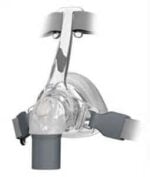 Clear CPAP nasal mask with gray head straps and a gray tube connector, shown against a white background.