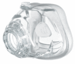 Clear plastic CPAP nasal mask cushion with a round opening and soft contoured edges, shown on a white background.