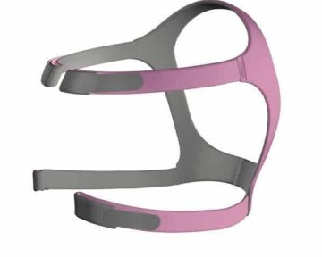 Gray and pink CPAP headgear with adjustable straps, designed to secure a mask for sleep apnea therapy.