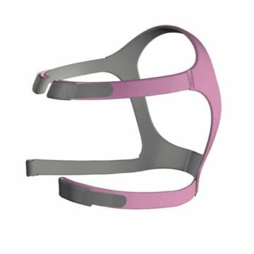 Gray and pink CPAP headgear with adjustable straps, designed to secure a mask for sleep apnea therapy.