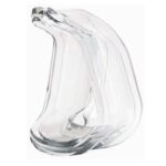 Clear glass sculpture resembling an abstract, flowing wave or curved shape on a white background.