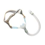 CPAP nasal mask with headgear and attached flexible hose, designed for sleep apnea therapy.