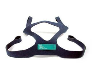 A black CPAP headgear mask strap with a green label, laid flat on a white background.