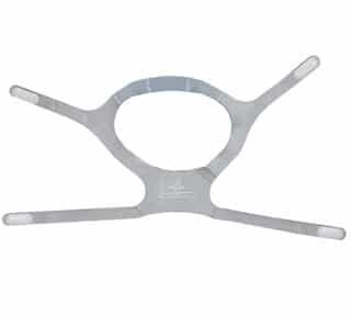 A gray CPAP headgear strap with four adjustable arms and a central oval opening.