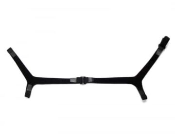 Black adjustable strap with three prongs and a central buckle, laid flat on a white background.