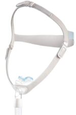 A CPAP nasal mask with headgear straps and a tubing connector, shown against a white background.