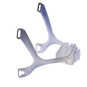 Clear plastic CPAP nasal mask frame with headgear attachment points, isolated on a white background.