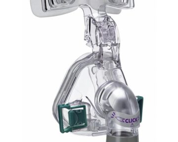 Clear plastic nasal CPAP mask with green side clips and a purple "click" label on the front connector.