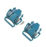 Two blue plastic side-release buckles on a white background, positioned slightly apart and angled.