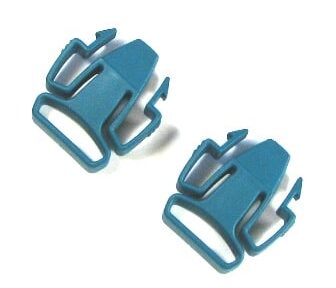 Two blue plastic side-release buckles on a white background, positioned slightly apart and angled.