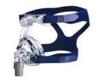 Clear CPAP mask with dark blue head straps, designed for sleep apnea therapy.