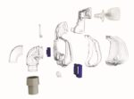 Clear plastic and purple parts of a medical device, possibly a mask, displayed in an exploded view.