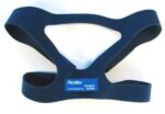 Blue ResMed CPAP headgear strap with a label, displayed on a white background.