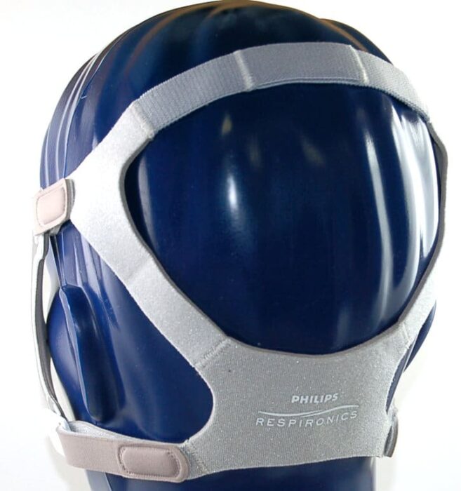 Gray Philips Respironics CPAP headgear fitted on a blue mannequin head, shown from the back.