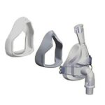Three CPAP mask components: two cushion inserts and one assembled mask with headgear and connector.