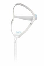 Minimalist CPAP nasal mask with headgear and a connecting hose, designed for sleep apnea therapy.