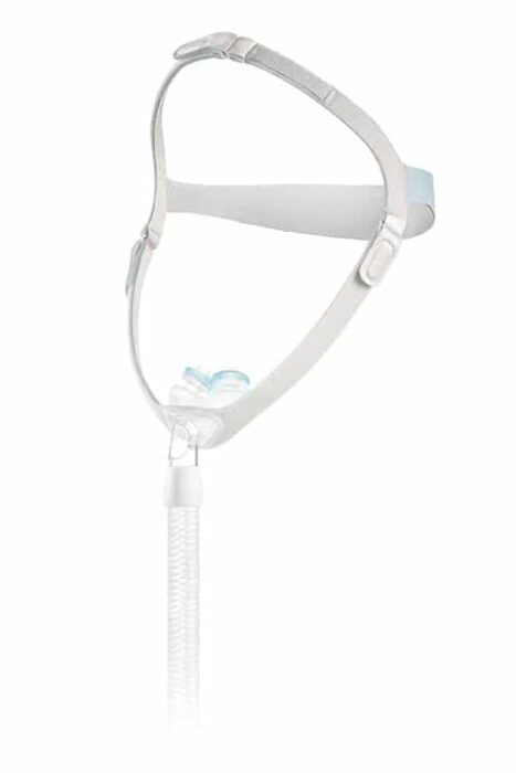 Minimalist CPAP nasal mask with headgear and a connecting hose, designed for sleep apnea therapy.
