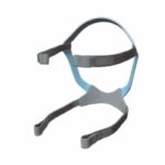 Blue and gray CPAP headgear with adjustable straps against a white background.