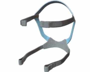Blue and gray CPAP headgear with adjustable straps against a white background.