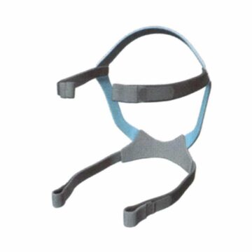 Blue and gray CPAP headgear with adjustable straps against a white background.