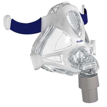 Clear CPAP face mask with blue head strap and ResMed logo, used for sleep apnea therapy.