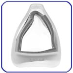 Transparent silicone CPAP mask cushion with a gray inner lining, viewed from the front against a white background.