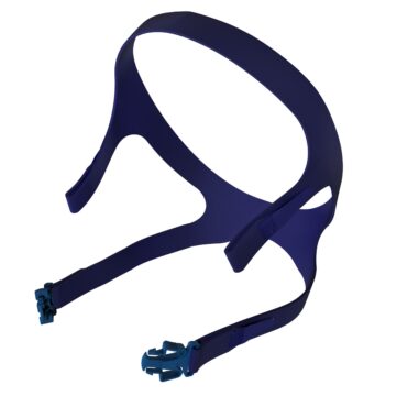 Dark blue adjustable headgear with plastic clasps, designed for securing a CPAP or respiratory mask.