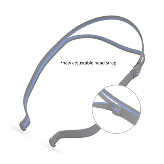 Adjustable head strap of the ResMed AirFit P10 Nasal Pillow CPAP Mask with close-up of adjustment mechanism.