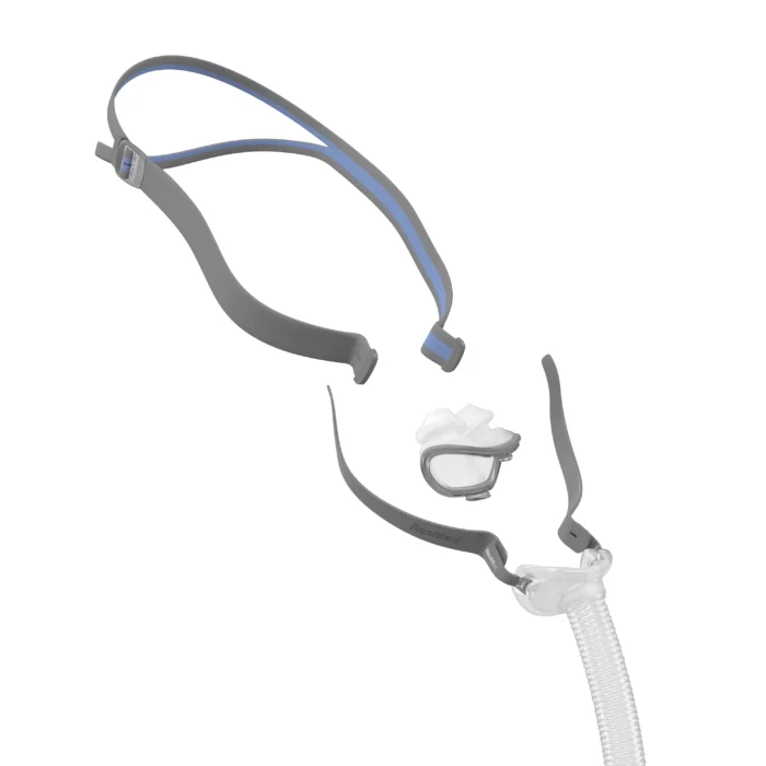 Sentence with the replaced product name: ResMed AirFit P10 Nasal Pillow CPAP Mask on white background.